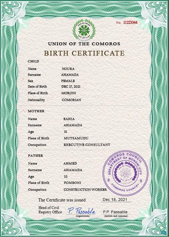 Download Comoros vital record birth certificate PSD template Photoshop template